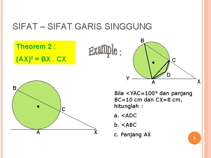 SIFAT – SIFAT GARIS SINGGUNG B Theorem 2 : (AX)² = BX. CX Y