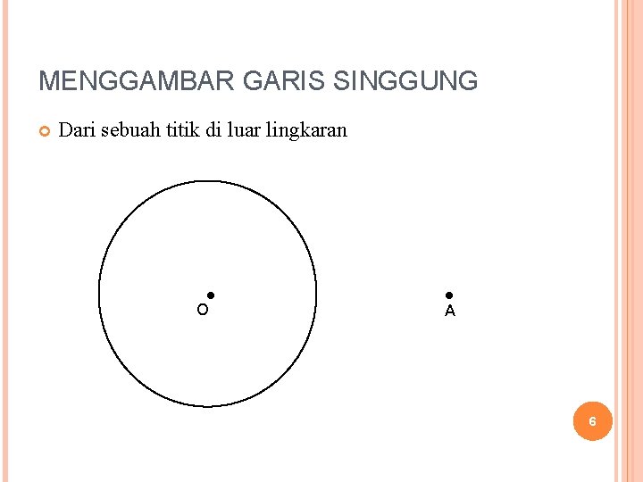 MENGGAMBAR GARIS SINGGUNG Dari sebuah titik di luar lingkaran ● O ● A 6