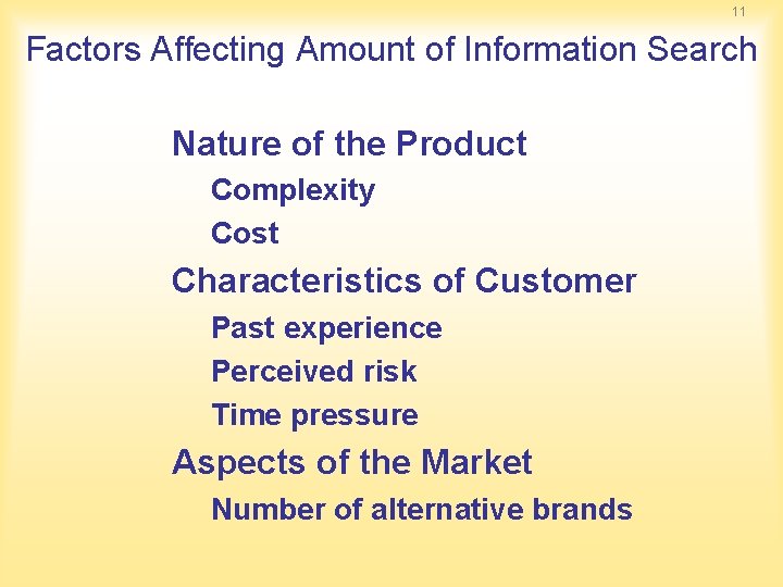 11 Factors Affecting Amount of Information Search Nature of the Product Complexity Cost Characteristics 11 Factors Affecting Amount of Information Search Nature of the Product Complexity Cost Characteristics
