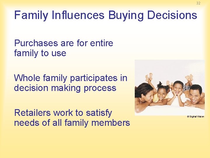 32 Family Influences Buying Decisions Purchases are for entire family to use Whole family 32 Family Influences Buying Decisions Purchases are for entire family to use Whole family