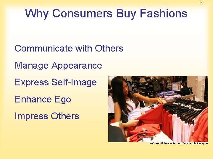 39 Why Consumers Buy Fashions Communicate with Others Manage Appearance Express Self-Image Enhance Ego 39 Why Consumers Buy Fashions Communicate with Others Manage Appearance Express Self-Image Enhance Ego