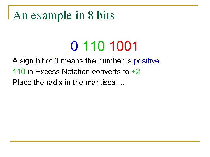 An example in 8 bits 0 110 1001 A sign bit of 0 means