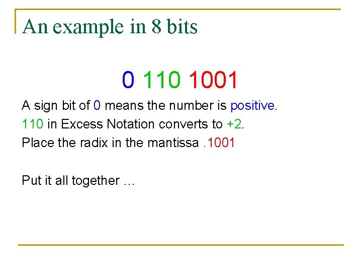 An example in 8 bits 0 110 1001 A sign bit of 0 means