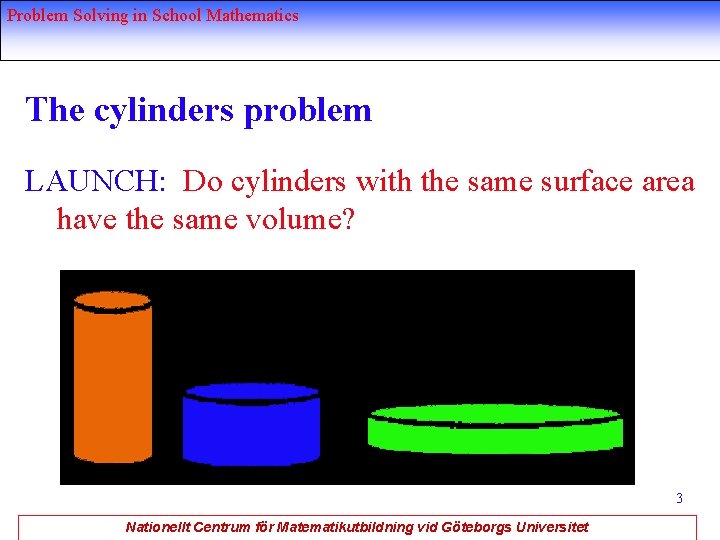 Problem Solving in School Mathematics The cylinders problem LAUNCH: Do cylinders with the same