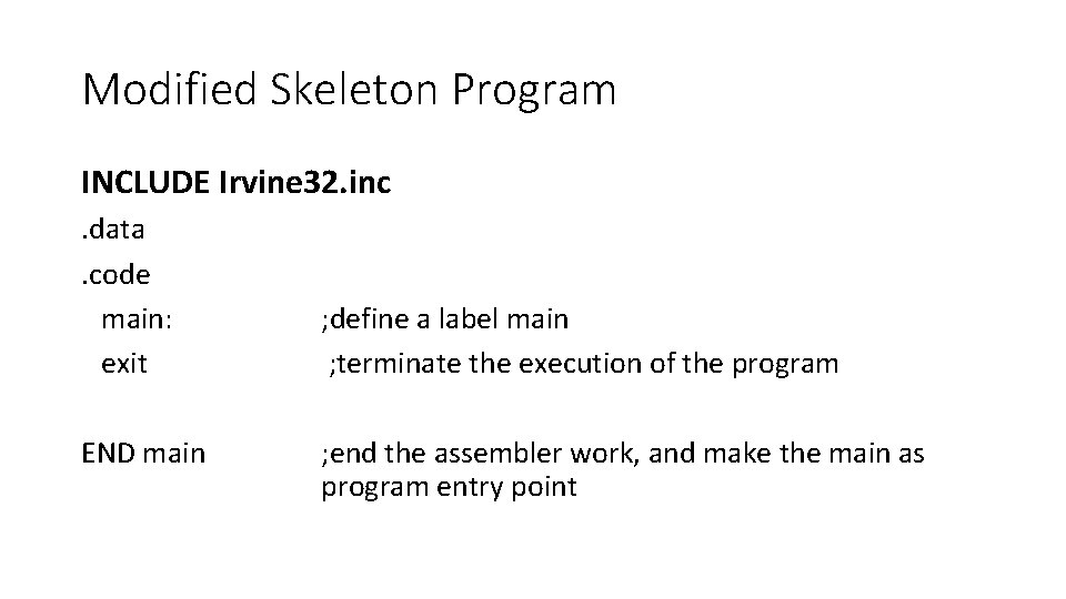 Modified Skeleton Program INCLUDE Irvine 32. inc. data. code main: exit END main ;