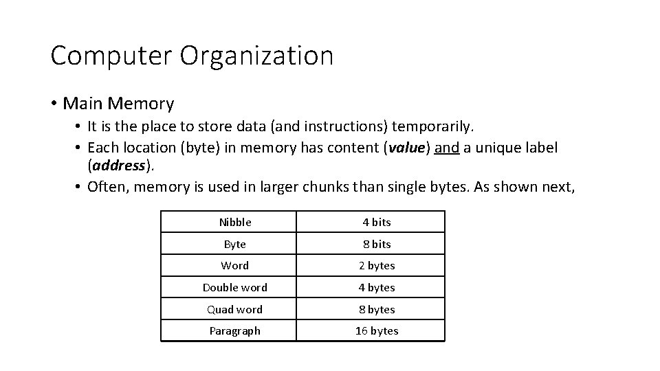 Computer Organization • Main Memory • It is the place to store data (and