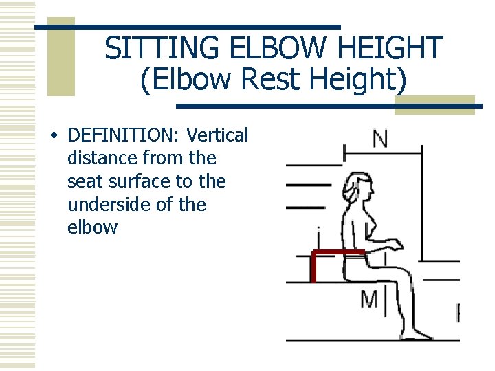 SITTING ELBOW HEIGHT (Elbow Rest Height) w DEFINITION: Vertical distance from the seat surface