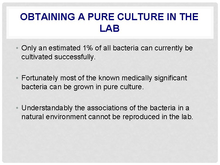 OBTAINING A PURE CULTURE IN THE LAB • Only an estimated 1% of all