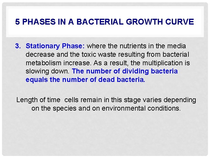 5 PHASES IN A BACTERIAL GROWTH CURVE 3. Stationary Phase: where the nutrients in