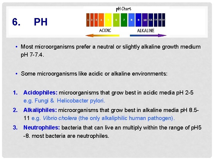 6. PH • Most microorganisms prefer a neutral or slightly alkaline growth medium p.