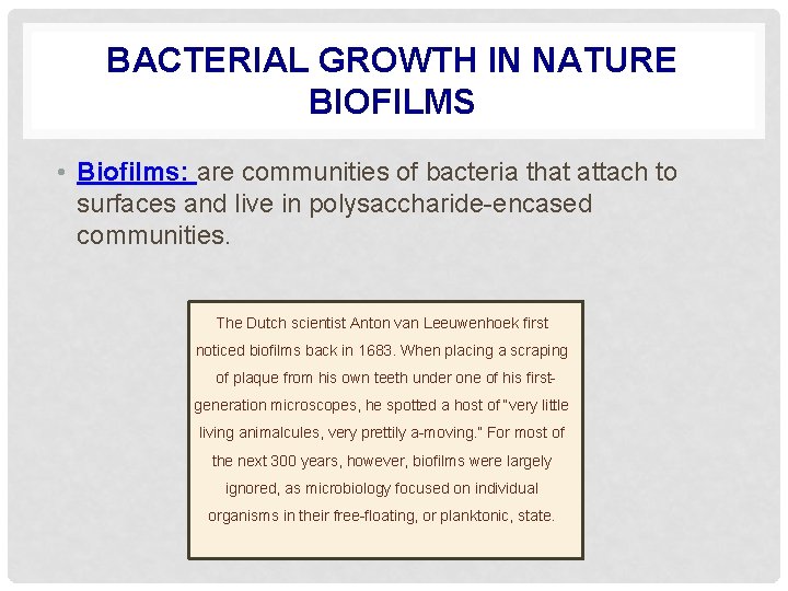 BACTERIAL GROWTH IN NATURE BIOFILMS • Biofilms: are communities of bacteria that attach to