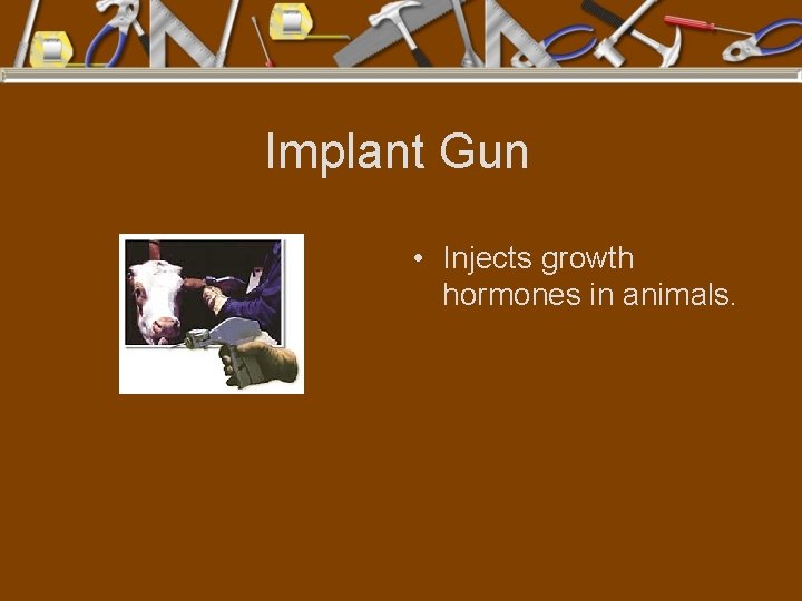 Implant Gun • Injects growth hormones in animals. 