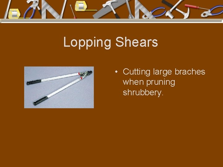 Lopping Shears • Cutting large braches when pruning shrubbery. 
