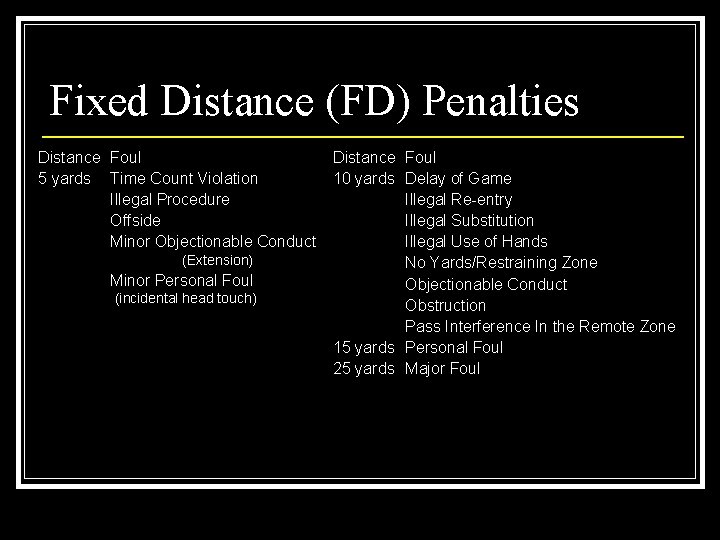 Fixed Distance (FD) Penalties Distance Foul 5 yards Time Count Violation 10 yards Delay