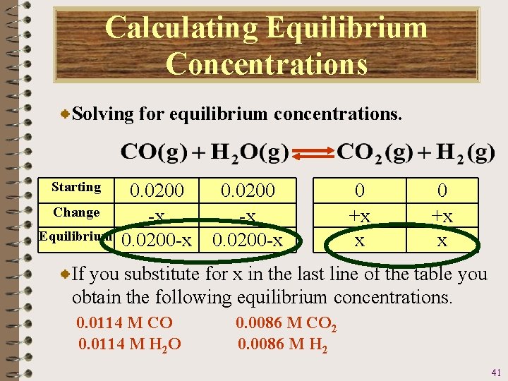 Calculating Equilibrium Concentrations Solving for equilibrium concentrations. Starting Change Equilibrium 0. 0200 -x 0.