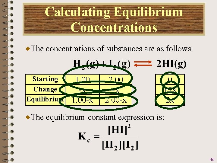 Calculating Equilibrium Concentrations The concentrations of substances are as follows. Starting 1. 00 Change