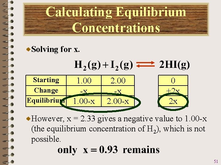 Calculating Equilibrium Concentrations Solving for x. Starting 1. 00 Change -x Equilibrium 1. 00