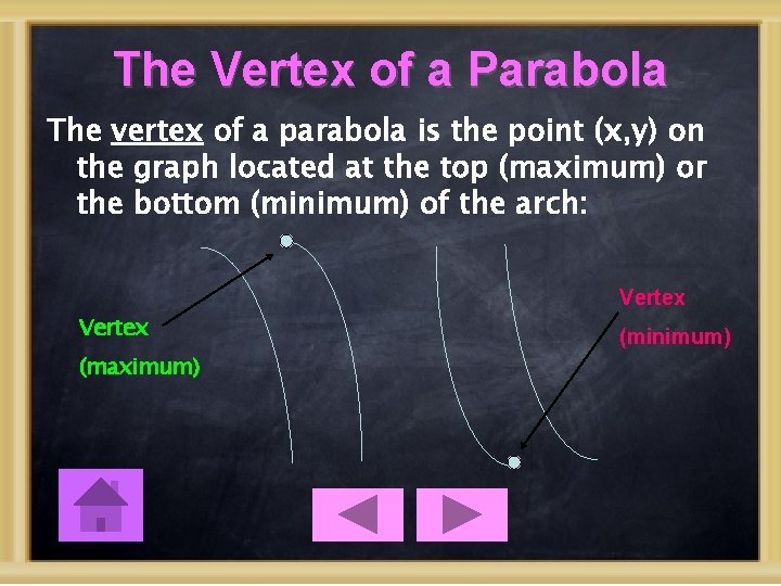 The Vertex of a Parabola The vertex of a parabola is the point (x,