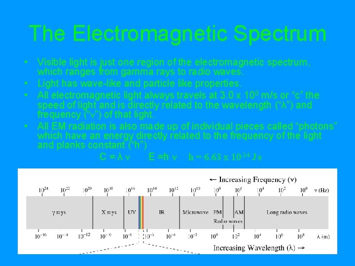 The Electromagnetic Spectrum • Visible light is just one region of the electromagnetic spectrum,