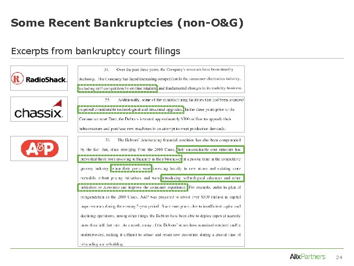 Some Recent Bankruptcies (non-O&G) Excerpts from bankruptcy court filings 24 
