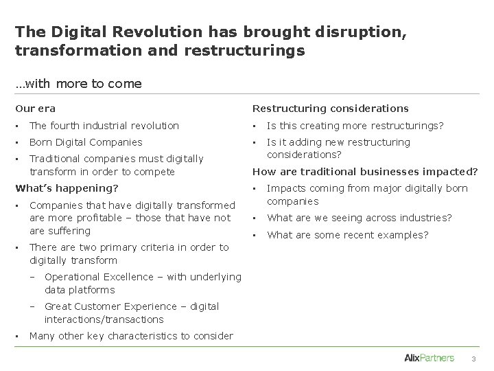 The Digital Revolution has brought disruption, transformation and restructurings …with more to come Our