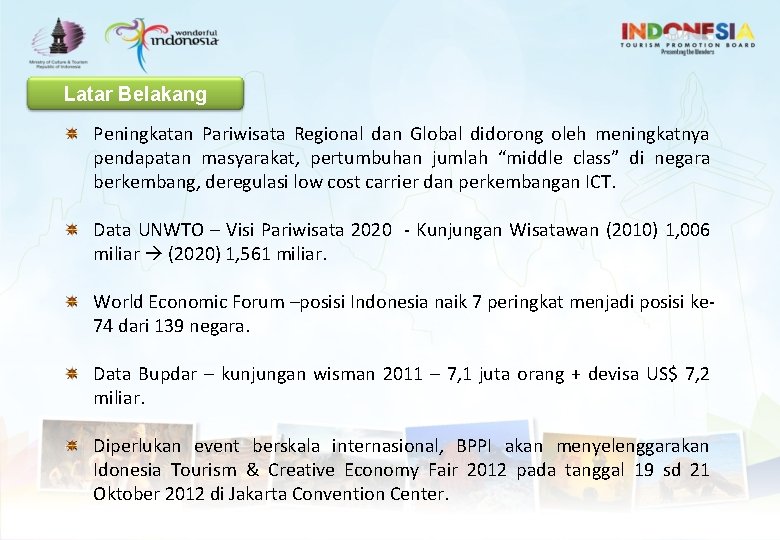 Latar Belakang Peningkatan Pariwisata Regional dan Global didorong oleh meningkatnya pendapatan masyarakat, pertumbuhan jumlah