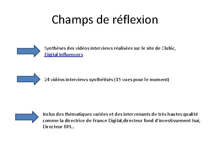 Champs de réflexion Synthèses des vidéos interviews réalisées sur le site de Clubic, Digital