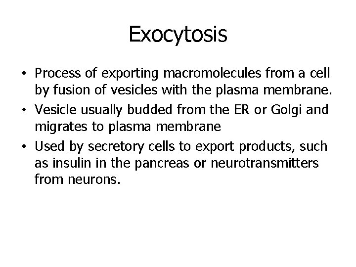 Exocytosis • Process of exporting macromolecules from a cell by fusion of vesicles with