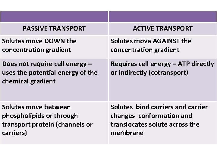 PASSIVE TRANSPORT ACTIVE TRANSPORT Solutes move DOWN the concentration gradient Solutes move AGAINST the