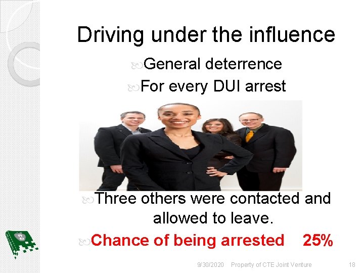 Driving under the influence General deterrence For every DUI arrest Three others were contacted