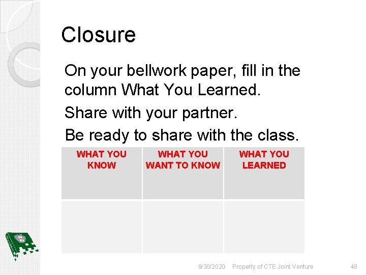 Closure On your bellwork paper, fill in the column What You Learned. Share with