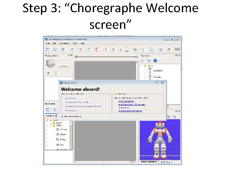 Step 3: “Choregraphe Welcome screen” 