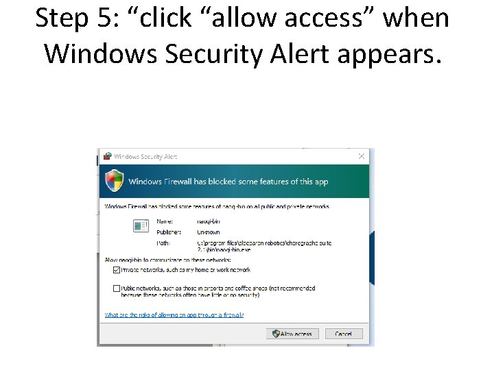 Step 5: “click “allow access” when Windows Security Alert appears. 