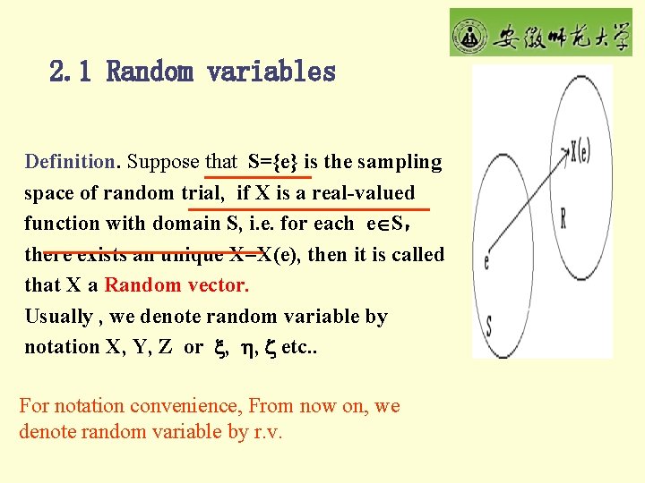 2. 1 Random variables Definition. Suppose that S={e} is the sampling space of random