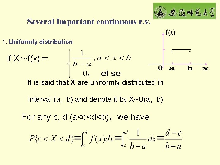 Several Important continuous r. v. 1. Uniformly distribution if X～f(x)＝ It is said that