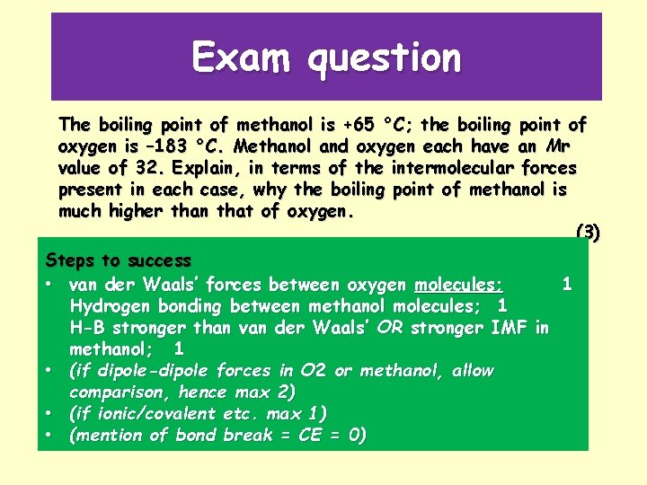 Exam question The boiling point of methanol is +65 °C; the boiling point of