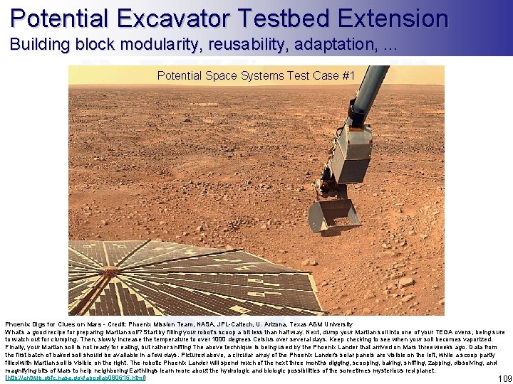 Potential Excavator Testbed Extension Building block modularity, reusability, adaptation, . . . Potential Space