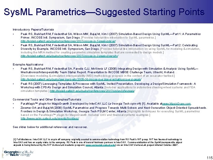Sys. ML Parametrics—Suggested Starting Points Introductory Papers/Tutorials • Peak RS, Burkhart RM, Friedenthal SA,