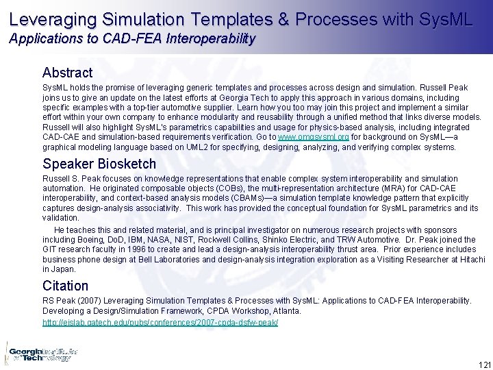 Leveraging Simulation Templates & Processes with Sys. ML Applications to CAD-FEA Interoperability Abstract Sys.