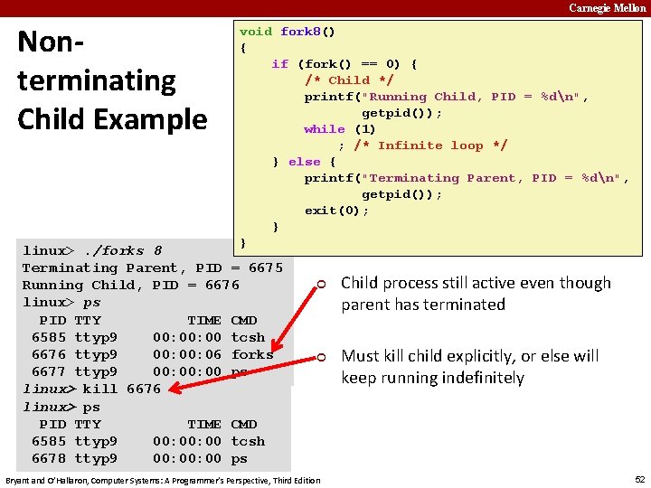Carnegie Mellon Nonterminating Child Example void fork 8() { if (fork() == 0) {
