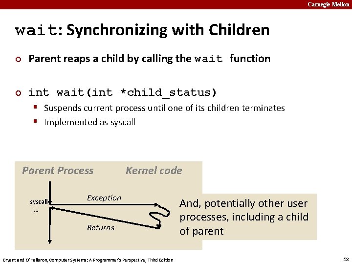 Carnegie Mellon wait: Synchronizing with Children ¢ Parent reaps a child by calling the