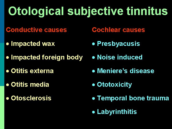 Otological subjective tinnitus Conductive causes Cochlear causes Impacted wax Presbyacusis Impacted foreign body Noise