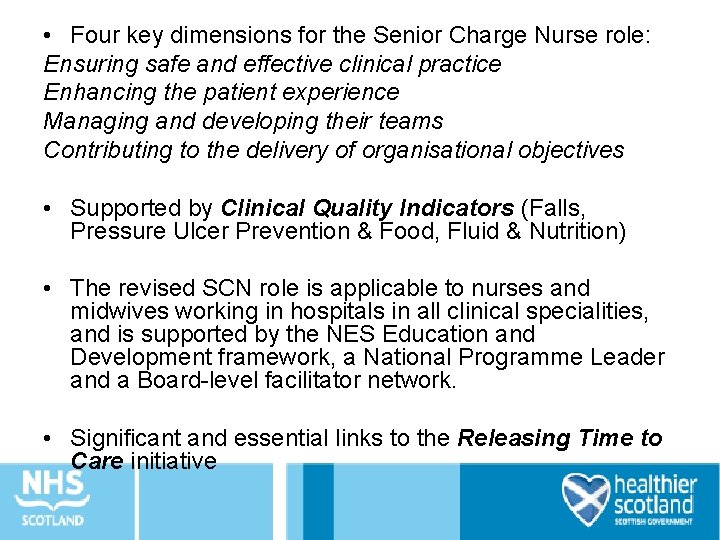  • Four key dimensions for the Senior Charge Nurse role: Ensuring safe and
