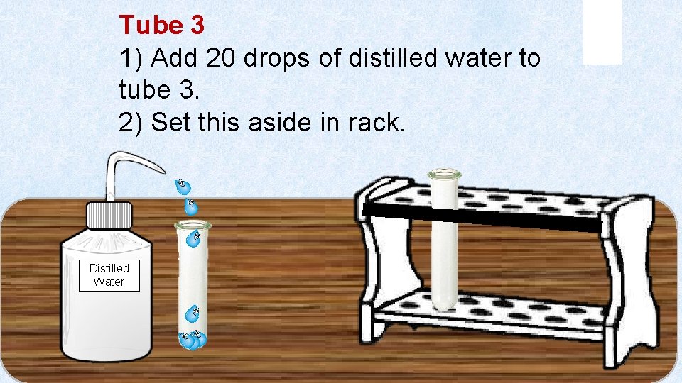 Tube 3 1) Add 20 drops of distilled water to tube 3. 2) Set