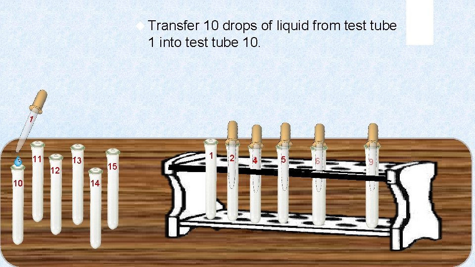  Transfer 10 drops of liquid from test tube 1 into test tube 10.