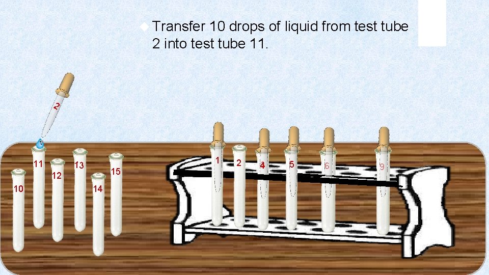  Transfer 10 drops of liquid from test tube 2 into test tube 11.