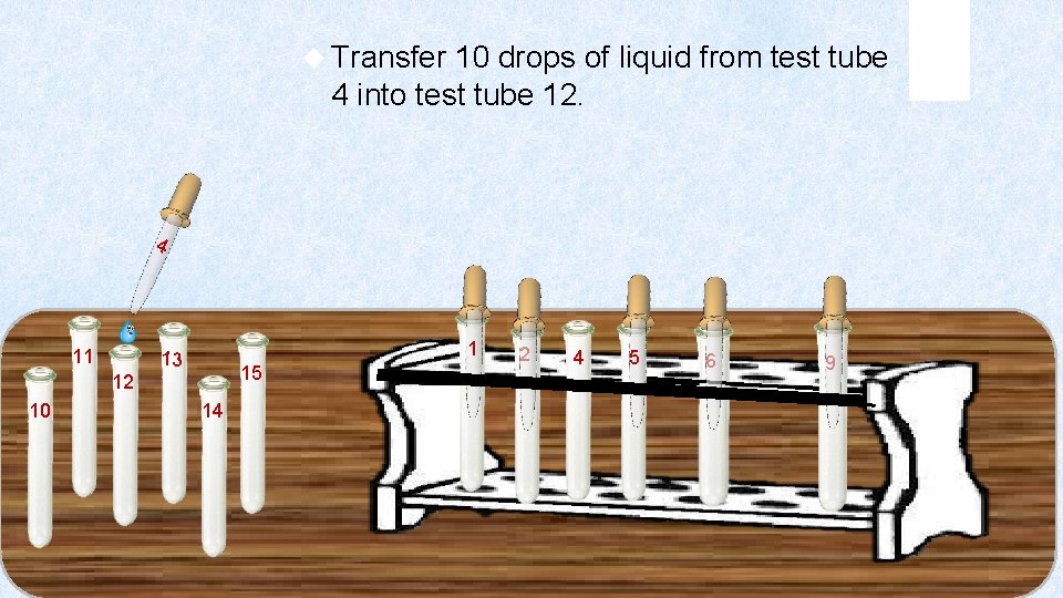  Transfer 10 drops of liquid from test tube 4 into test tube 12.