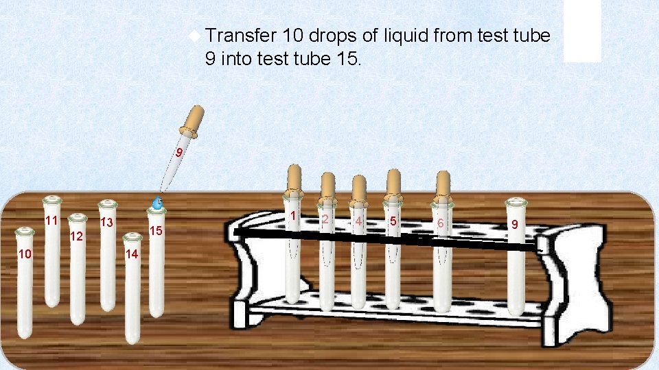  Transfer 10 drops of liquid from test tube 9 into test tube 15.