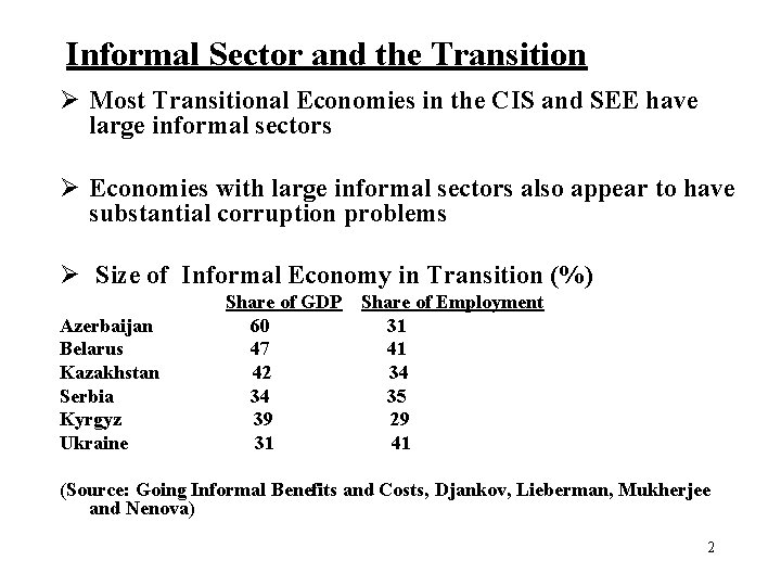 Informal Sector and the Transition Ø Most Transitional Economies in the CIS and SEE