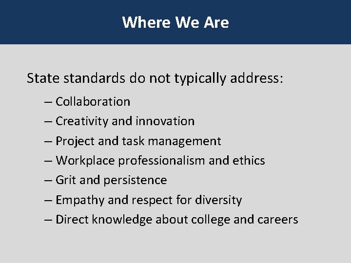 Where We Are State standards do not typically address: – Collaboration – Creativity and